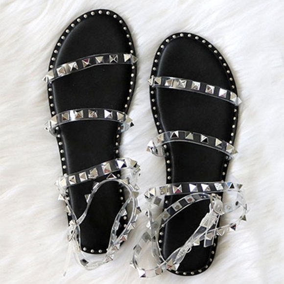 NEW Transparent Clear Studded Ankle Strap Cage Gladiator Flat Sandals Open Toe - Picture 2 of 6